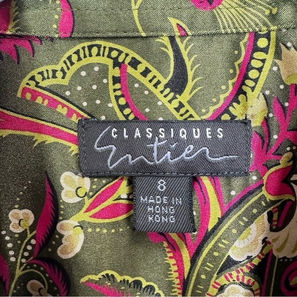 Classique Entier Dark Green Pink Paisley Long Sleeve Button Down Blouse Size 8 - Picture 6 of 8